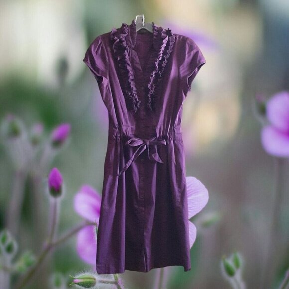 The Limited Shirt Dress Button Front Tie Belt Purple Ruffle Cap Sleeve Pockets S - Picture 2 of 8